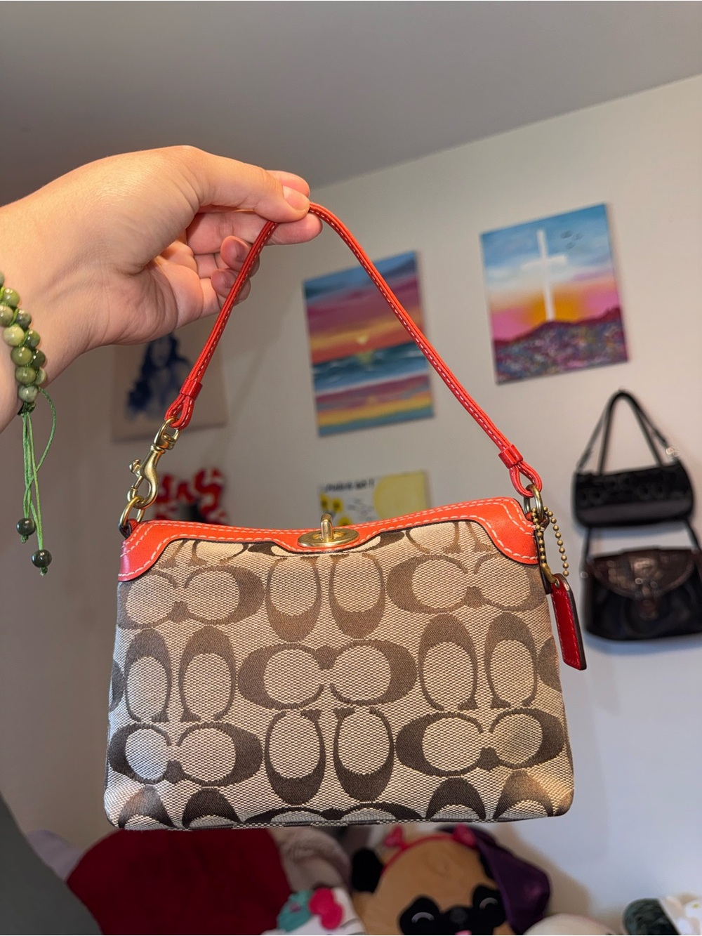 Authentic Coach Tan Signature Canvas Shoulder Bag with Coral Trim